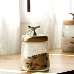 Twigy Frosted Glass Jar With Wooden Lid - 4.9X4.9X7.4in -Bold Design Store GUEST 02d4e50a 65c1 41b4 a81c bc2136325900