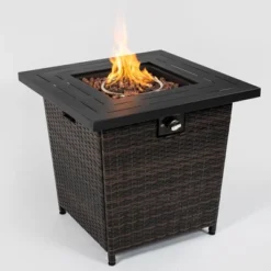 28" Propane Gas Fire Pit Table, 50000 BTU Square Steel Fire Pit With Beautiful Wicker Base For Outside Patio Deck Garden Backyard-Black