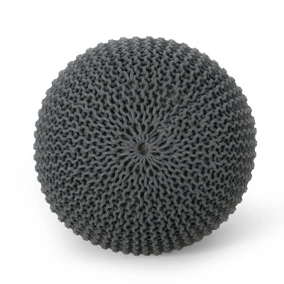 Bordeaux Knitted Cotton Round Pouf, Gray 6 Bordeaux Knitted Cotton Round Pouf, Gray - Image 6