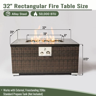 32" Propane Gas Fire Pit Table, 50000 BTU Rectangular Fire Pit, Tile Tabletop With Beautiful Wicker Base For Outside Patio Deck Garden Courtyard-Brown 15 32" Propane Gas Fire Pit Table, 50000 BTU Rectangular Fire Pit, Tile Tabletop With Beautiful Wicker Base For Outside Patio Deck Garden Courtyard-Brown - Image 15