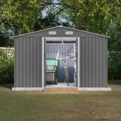 10X8 FT Outdoor Tool Storage Shed With Metal Foundation & Lockable Doors, All Weather Metal Sheds For Garden, Patio, Backyard, Lawn, Gray -Bold Design Store GUEST 08119f7a 1e27 4f25 8d71 5fc2f0ef7c00