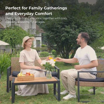 4-Piece Patio Furniture Set Outdoor Balcony Porch Garden Backyard Lawn Furniture Acacia Wood Table Top, Morden Black And Light Brown 5 4-Piece Patio Furniture Set Outdoor Balcony Porch Garden Backyard Lawn Furniture Acacia Wood Table Top, Morden Black And Light Brown - Image 5