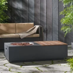 Outdoor 50,000 BTU Lightweight Concrete Rectangular Fire Pit Table With Storage, Dark Gray And Natural Brown (Tank Cover Not Included) -Bold Design Store GUEST 09a4b9ca 5b42 4cae a3e9 3f8dca4dfdb9