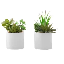 Artificial Plant, 7" Tall, Succulent, Indoor, Faux, Fake, Table, Greenery, Potted, Set Of 2, Decorative, Green Plants, White Ceramic Pots