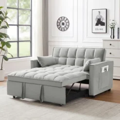 Modern Polyester Loveseat Futon Sofa Couch W/Polyesterllout Bed,Small Love Seat Lounge Sofa W/Reclining Backrest,Toss Pillows, Pockets