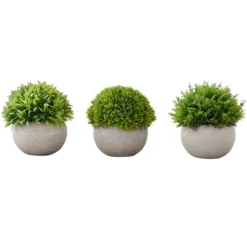 Artificial Plant, 5" Tall, Grass, Indoor, Faux, Fake, Table, Greenery, Potted, Set Of 3, Decorative, Green Plants, Grey Pots