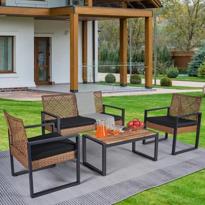4-Piece Patio Furniture Set Outdoor Balcony Porch Garden Backyard Lawn Furniture Acacia Wood Table Top, Morden Black And Light Brown 11 4-Piece Patio Furniture Set Outdoor Balcony Porch Garden Backyard Lawn Furniture Acacia Wood Table Top, Morden Black And Light Brown - Image 11
