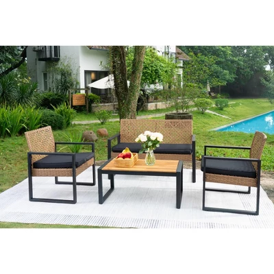 4-Piece Patio Furniture Set Outdoor Balcony Porch Garden Backyard Lawn Furniture Acacia Wood Table Top, Morden Black And Light Brown 9 4-Piece Patio Furniture Set Outdoor Balcony Porch Garden Backyard Lawn Furniture Acacia Wood Table Top, Morden Black And Light Brown - Image 9