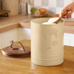 Metal Rice Storage Barrel With Wooden Lid - Sleek & Durable Kitchen Canister-8.6X8.6X11in -Bold Design Store GUEST 2795862c 7b04 4671 91c5 dd2f1cde2d5c