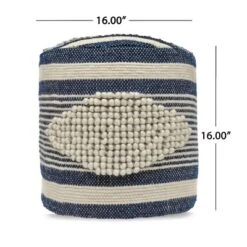 Diamond Handcrafted Fabric Cylindrical Pouf, White And Dark Blue -Bold Design Store GUEST 2b750da2 bf53 45eb 9183 efe5b620bc78