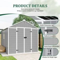 8*8ft Resin Storage Shed, High Quality Pp Material, Strong Structure, Waterproof, Rust And UV Proof, Large Storage Space, HD Window Lighting