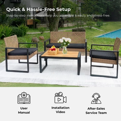 4-Piece Patio Furniture Set Outdoor Balcony Porch Garden Backyard Lawn Furniture Acacia Wood Table Top, Morden Black And Light Brown 7 4-Piece Patio Furniture Set Outdoor Balcony Porch Garden Backyard Lawn Furniture Acacia Wood Table Top, Morden Black And Light Brown - Image 7