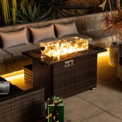 44" Propane Gas Fire Pit Table, 50000 BTU Rectangular Fire Pit, Tile Tabletop With Beautiful Wicker Base For Outside Patio Deck Garden Courtyard-Brown -Bold Design Store GUEST 2f5bb969 951f 4756 813a b5bf0df0235e