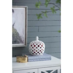 D8x9.5in White Ceramic Lidded Jar With Lattice Design 19 D8x9.5in White Ceramic Lidded Jar With Lattice Design -Bold Design Store GUEST 32b108d4 78d5 4b40 aaba 7f9448b0028f