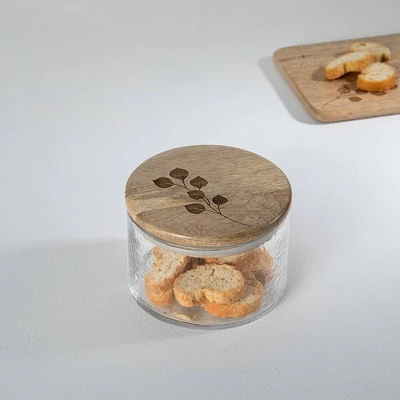 Leafy Twig Glass Jar/Container With Wooden Lid-700 Ml 1 Leafy Twig Glass Jar/Container With Wooden Lid-700 Ml