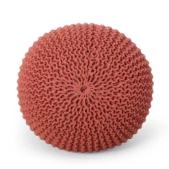 Bordeaux Knitted Cotton Round Pouf, Coral -Bold Design Store GUEST 3417b950 489a 4ed9 bbc4 fa9e0e6b404c
