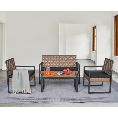 4-Piece Patio Furniture Set Outdoor Balcony Porch Garden Backyard Lawn Furniture Acacia Wood Table Top, Morden Black And Light Brown 12 4-Piece Patio Furniture Set Outdoor Balcony Porch Garden Backyard Lawn Furniture Acacia Wood Table Top, Morden Black And Light Brown - Image 12