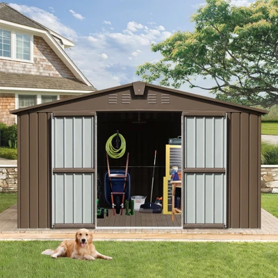 Backyard Storage Shed 11' X 12.5' With Galvanized Steel Frame & Windows, Outdoor Garden Shed Metal Storage Room With Lockable Door For Patio(Brown) 2 Backyard Storage Shed 11' X 12.5' With Galvanized Steel Frame & Windows, Outdoor Garden Shed Metal Storage Room With Lockable Door For Patio(Brown) - Image 2