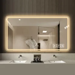 48*32 Inch Bathroom Mirror With Led Lights , Anti-Fog Lighted Vanity Mirrors For Wall Mounted, 3 Colors And 5 Level Dimmable, Horizontal/Vertical