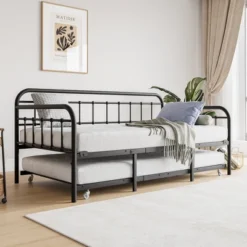 Twin Size Metal Daybed Frame With Trundle, Heavy Duty Steel Slat Support Sofa Bed Platform With Headboard, No Box Spring Needed, Black
