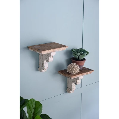 13.8x9.1x11.4" Distressed Brown And White Wooden Wall Shelf With Corbel Design 12 13.8x9.1x11.4" Distressed Brown And White Wooden Wall Shelf With Corbel Design - Image 12