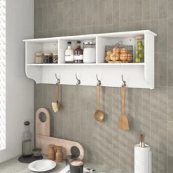 White Entryway Wall Mounted Coat Rack With 4 Dual Hooks Living Room Wooden Storage Shelf -Bold Design Store GUEST 44f737aa 2db0 44f0 abbc 47c807e1d13a