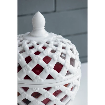 D8x9.5in White Ceramic Lidded Jar With Lattice Design 10 D8x9.5in White Ceramic Lidded Jar With Lattice Design - Image 10