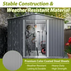 8x6 FT Outdoor Tool Storage Shed With Metal Foundation & Lockable Doors, All Weather Metal Sheds For Garden, Patio, Backyard, Lawn, Gray -Bold Design Store GUEST 491a3626 6319 49a3 884f df443ccfaf5c