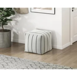 Modern Square Pouf Off-White Jacquard Fabric Upholstered Ottoman, Non-Slip Floor Pouf, Bean Bag Chair, 1pc Sitting Pouf -Bold Design Store GUEST 5291c6bb 75f9 4a76 8af3 81ebac18581d