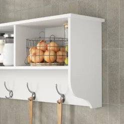 White Entryway Wall Mounted Coat Rack With 4 Dual Hooks Living Room Wooden Storage Shelf -Bold Design Store GUEST 595f6202 aa96 4c80 bd66 74867e4d52ac