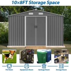 10X8 FT Outdoor Tool Storage Shed With Metal Foundation & Lockable Doors, All Weather Metal Sheds For Garden, Patio, Backyard, Lawn, Gray -Bold Design Store GUEST 59c69e1b d012 4074 954c bcaa76613510 1