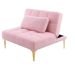 Convertible Single Sofa Bed Futon With Gold Metal Legs Teddy Polyester (Pink) -Bold Design Store GUEST 5b85f612 be0c 4404 89a9 1e1813b0ede8