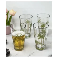 Palm Tree Design Acrylic Glasses Drinking Set Of 4 Hi Ball (20oz), Plastic Drinking Glasses, BPA Free Cocktail Glasses, Drinkware Set
