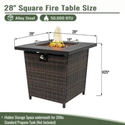 28" Propane Gas Fire Pit Table, 50000 BTU Square Steel Fire Pit With Beautiful Wicker Base For Outside Patio Deck Garden Backyard-Black -Bold Design Store GUEST 5f128e9c f16c 441c a86f 15e049cd3b22