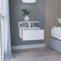 Floating Nightstand 12"H, Wall Mounted With Single Drawer And 2-Tier Shelf, White -Bold Design Store GUEST 5f3bf305 e89a 4009 93e1 0d76c4f79df4