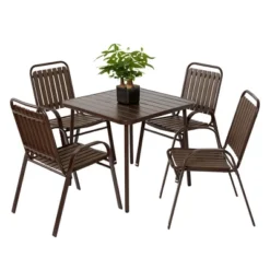 5-Piece Plastic Chair And Steel Table Outdoor Dining Set, Plastic Chairs And Table Set For Garden Patio, Brown -Bold Design Store GUEST 603b15d1 0994 4081 8132 da93b8b5c0c2