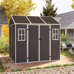 8*7ft Outdoor Storage Shed, Outdoor Resin Shed With Two-Window And Double-Door, Plastic Shed With Floor For Garden, Patio, Yard, Lawn (Dark Gray) -Bold Design Store GUEST 677a2285 b049 46df 885d 68e54d09798d