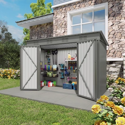 4 X 9 FT Outdoor Storage Shed, Metal Garden Shed Tool House With Sloping Roof,6 Vents And 2 Swing Doors For Backyard, Garden,Patio, Garage, Lawn, Gray 11 4 X 9 FT Outdoor Storage Shed, Metal Garden Shed Tool House With Sloping Roof,6 Vents And 2 Swing Doors For Backyard, Garden,Patio, Garage, Lawn, Gray - Image 11