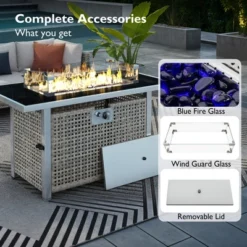 43" Propane Gas Fire Pit Table, 60000 BTU Rectangular Open Weave Wicker Fire Pit With Glass Wind Guard For Outside Patio Deck Garden Backyard - Grey -Bold Design Store GUEST 6cd76d68 ee82 4101 b739 edefcb7c3bd3