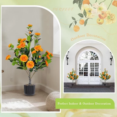 Artificial Camellia Tree 2 Pack, 36"Faux Camellia Plant In Pot With Orange Flowers, Greenery Potted Plant For Indoor Outdoor Office Home Porch Decor 4 Artificial Camellia Tree 2 Pack, 36"Faux Camellia Plant In Pot With Orange Flowers, Greenery Potted Plant For Indoor Outdoor Office Home Porch Decor - Image 4