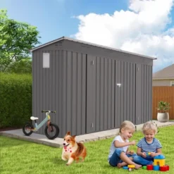 4 X 9 FT Outdoor Storage Shed, Metal Garden Shed Tool House With Sloping Roof,6 Vents And 2 Swing Doors For Backyard, Garden,Patio, Garage, Lawn, Gray 22 4 X 9 FT Outdoor Storage Shed, Metal Garden Shed Tool House With Sloping Roof,6 Vents And 2 Swing Doors For Backyard, Garden,Patio, Garage, Lawn, Gray -Bold Design Store GUEST 771acf26 57b2 410f 8388 23136f435358