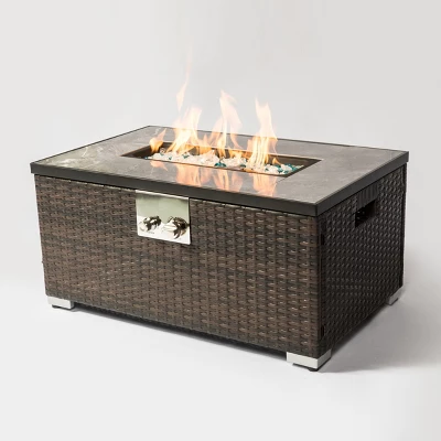 32" Propane Gas Fire Pit Table, 50000 BTU Rectangular Fire Pit, Tile Tabletop With Beautiful Wicker Base For Outside Patio Deck Garden Courtyard-Brown 1 32" Propane Gas Fire Pit Table, 50000 BTU Rectangular Fire Pit, Tile Tabletop With Beautiful Wicker Base For Outside Patio Deck Garden Courtyard-Brown