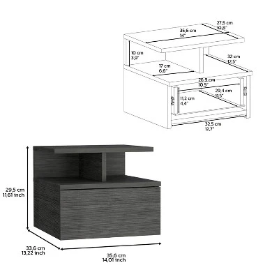 Floating Nightstand 12"H, Wall Mounted With Single Drawer And 2-Tier Shelf, Smokey Oak 5 Floating Nightstand 12"H, Wall Mounted With Single Drawer And 2-Tier Shelf, Smokey Oak - Image 5
