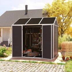 8*7ft Outdoor Storage Shed, Outdoor Resin Shed With Two-Window And Double-Door, Plastic Shed With Floor For Garden, Patio, Yard, Lawn (Dark Gray) -Bold Design Store GUEST 79ab0787 b4d4 4fdb ad55 556fd2a2f65a