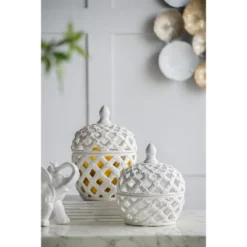 D8x9.5in White Ceramic Lidded Jar With Lattice Design 18 D8x9.5in White Ceramic Lidded Jar With Lattice Design -Bold Design Store GUEST 7b03a773 2861 4504 9742 d980cd6bc10e