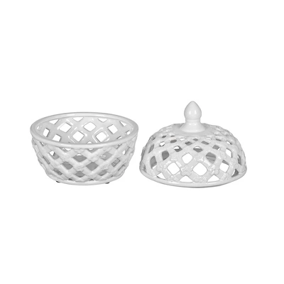 D8x9.5in White Ceramic Lidded Jar With Lattice Design 1 D8x9.5in White Ceramic Lidded Jar With Lattice Design