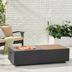 Outdoor 50,000 BTU Lightweight Concrete Rectangular Fire Pit Table With Storage, Dark Gray And Natural Brown (Tank Cover Not Included) -Bold Design Store GUEST 7d0a29d6 ba6c 498c bbd0 6d4c8fbbf795