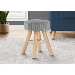 Ottoman, Pouf, Footrest, Foot Stool, 12in Round, Grey Velvet, Natural Wood Legs, Contemporary, Modern