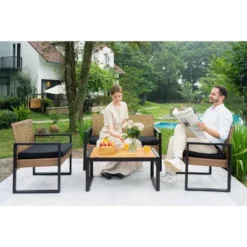 4-Piece Patio Furniture Set Outdoor Balcony Porch Garden Backyard Lawn Furniture Acacia Wood Table Top, Morden Black And Light Brown 23 4-Piece Patio Furniture Set Outdoor Balcony Porch Garden Backyard Lawn Furniture Acacia Wood Table Top, Morden Black And Light Brown -Bold Design Store GUEST 805d4721 c2cb 4a5e 8371 e62d41fab366