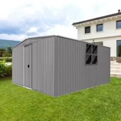 New Outdoor Storage Shed Has Two Functions:Metal Shed And Firewood Shed 14 Ft X 12 Ft, More Suitable For Winter , Grey